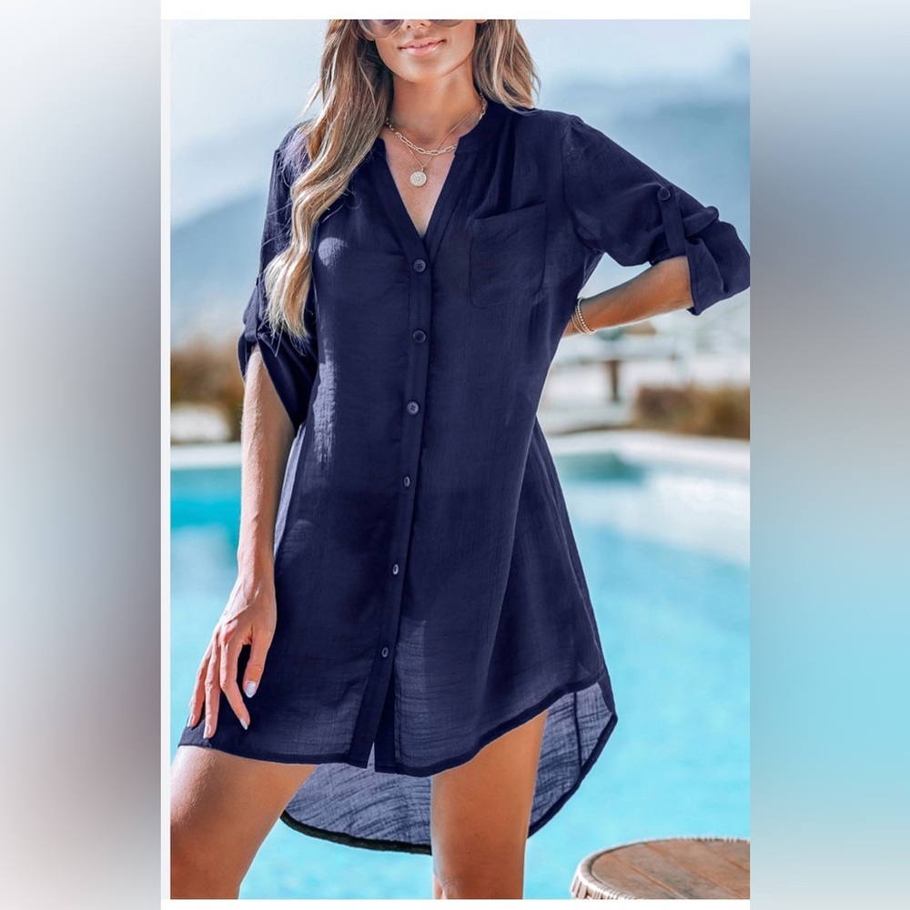 NWT Cupshe Classic Black Button-Front Women's Sheer Beach Coverup